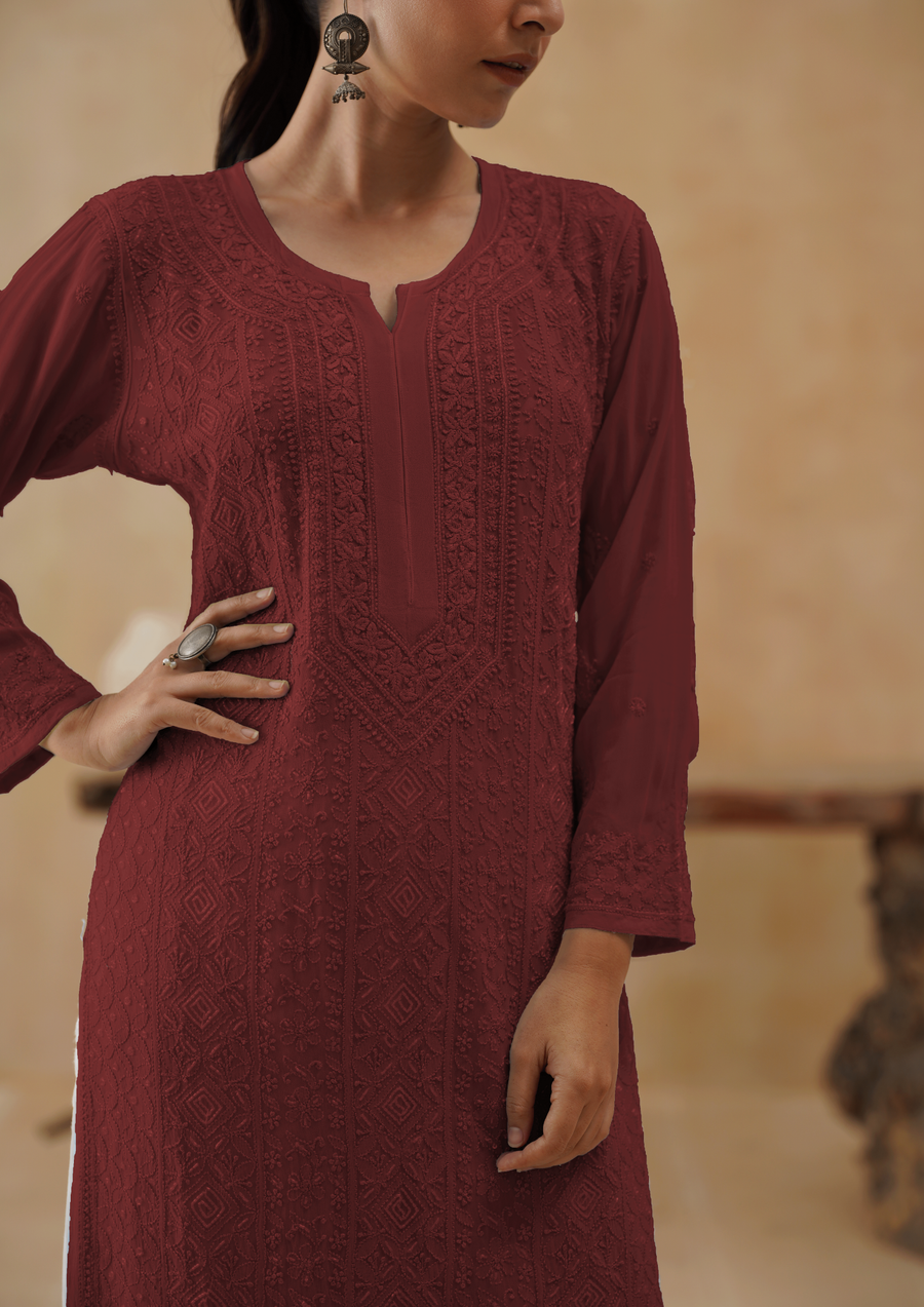 Georgette Chikankari Long Kurti- Red Inferno