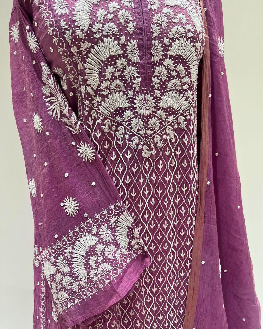 Tissue Chikankari Unstitched Anarkali - Light Plum