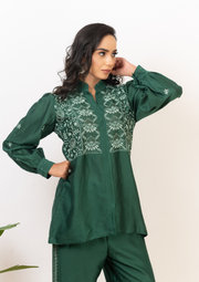 Chanderi chikankari coord set - emerald green