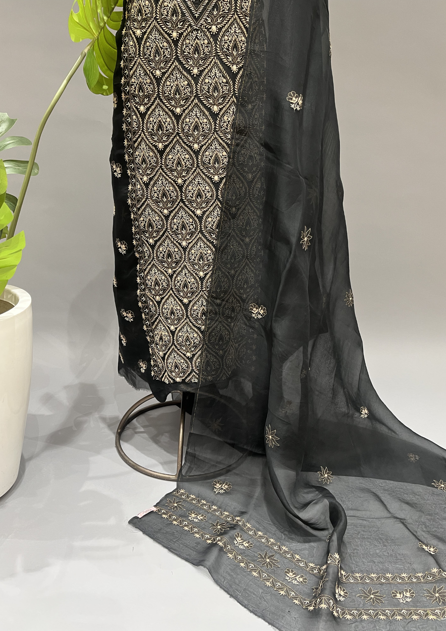 Chikankari Unstitched Organza Suit Set - Black