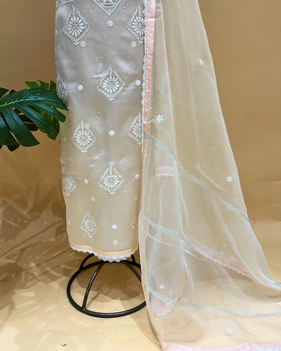 Organza Chikankari Unstitsched Kurta And Dupatta Set- Cream Latte