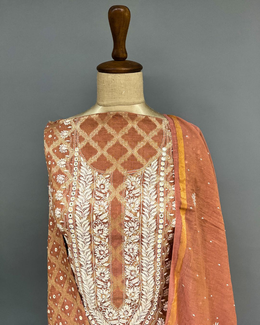 Tissue Chikankari Unstitch 2pc Suit - Orange Zest