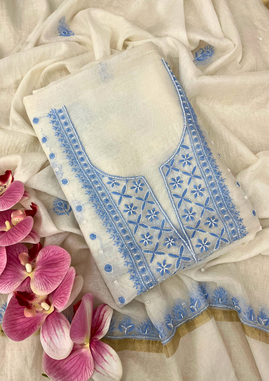 Chikankari Mul Chanderi Unstitched Suit - White and Blue