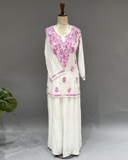 Cotton Chikankari Short Kurti - White & Plum