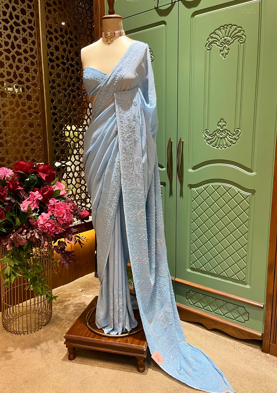 Chikankari Viscose Saree - Powder Blue