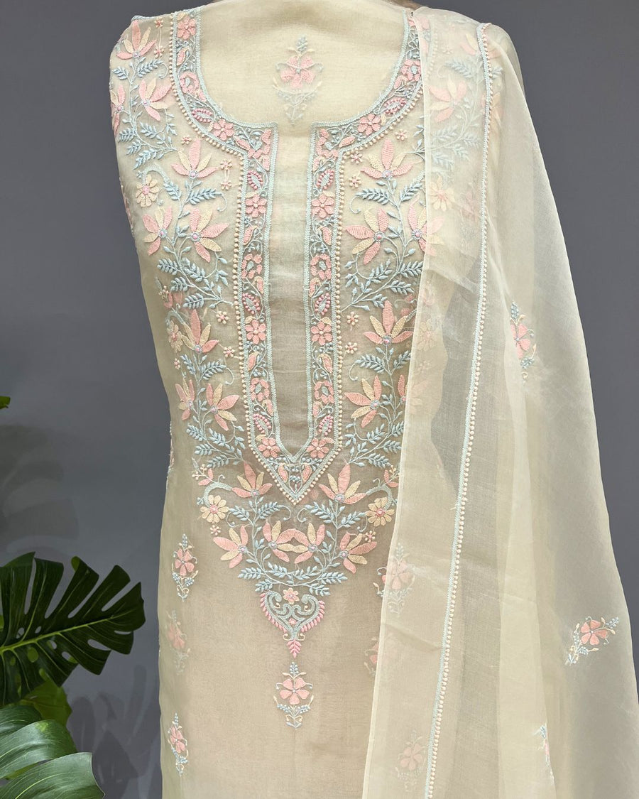 Chikankari Organza Unstitched Suit - Pista Green