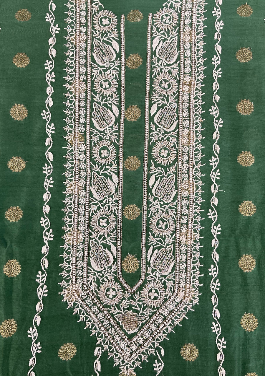 Mul Chanderi Chikankari Unstitched Mens Kurta - Bottle Green