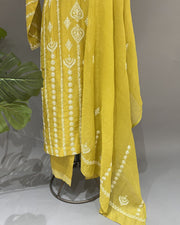 Mul Chanderi Chikankari Stitch 3 pc Suit - Orche Yellow