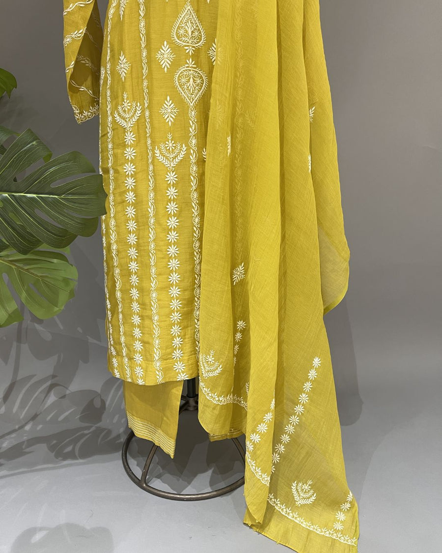 Mul Chanderi Chikankari Stitch 3 pc Suit - Orche Yellow