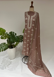 Mul Chanderi Chikankari Unstitched Suit - Hazelnut