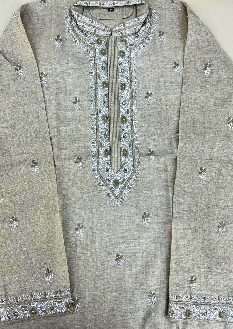 Linen Chikankari Stitched Mens Kurta - Beige