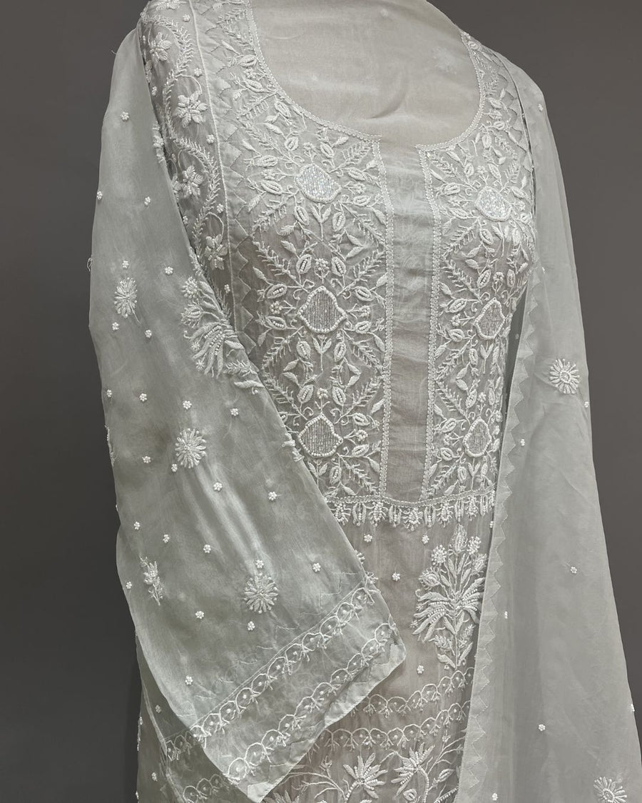 Organza Chikankari Unstitch 2pc Suit - Greyish Blue