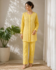 Maheshwari Chanderi Chikankari Co ord set - Sunflower Yellow