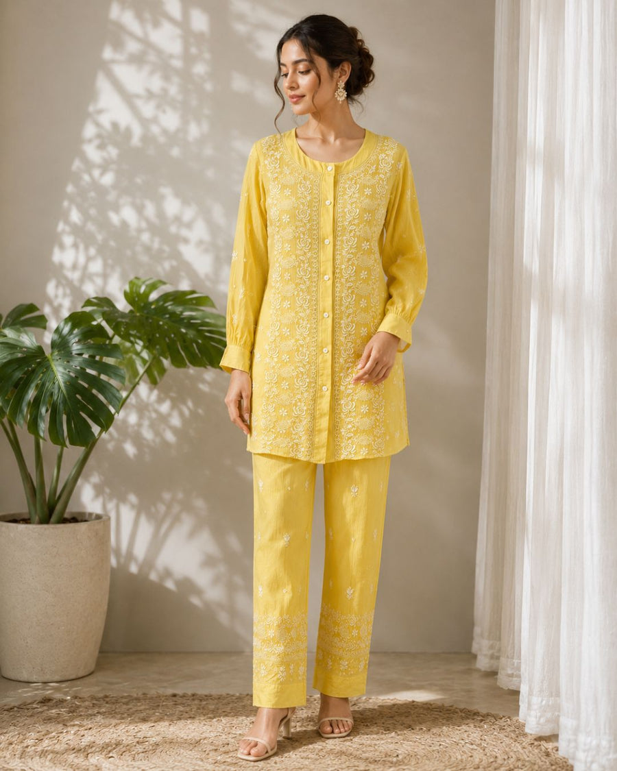 Maheshwari Chanderi Chikankari Co ord set - Sunflower Yellow