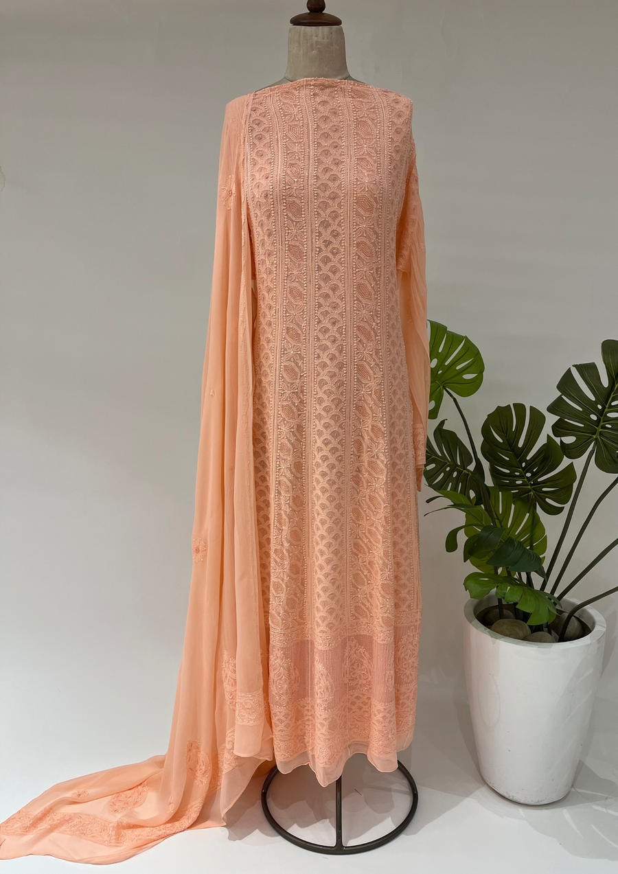 Viscose Chikankari Semistitched Anarkali - Peach