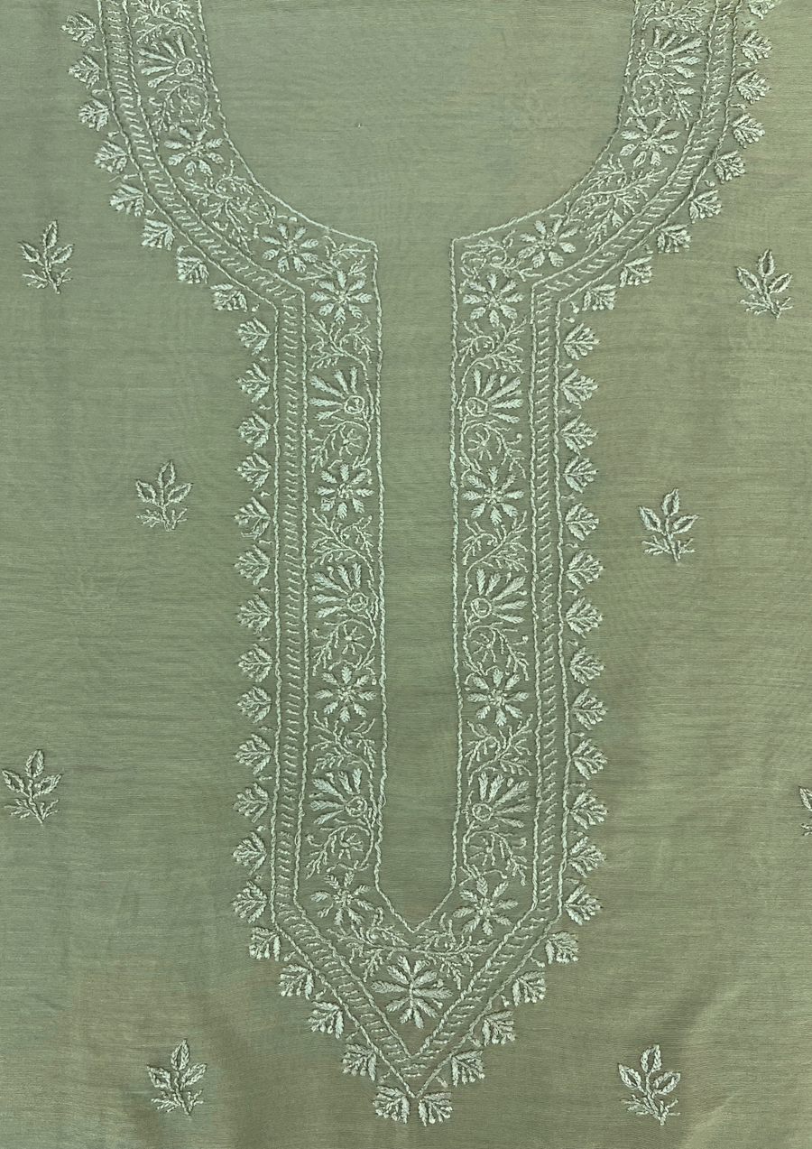 Chanderi Chikankari Unstitched Mens Kurta - Sage Green