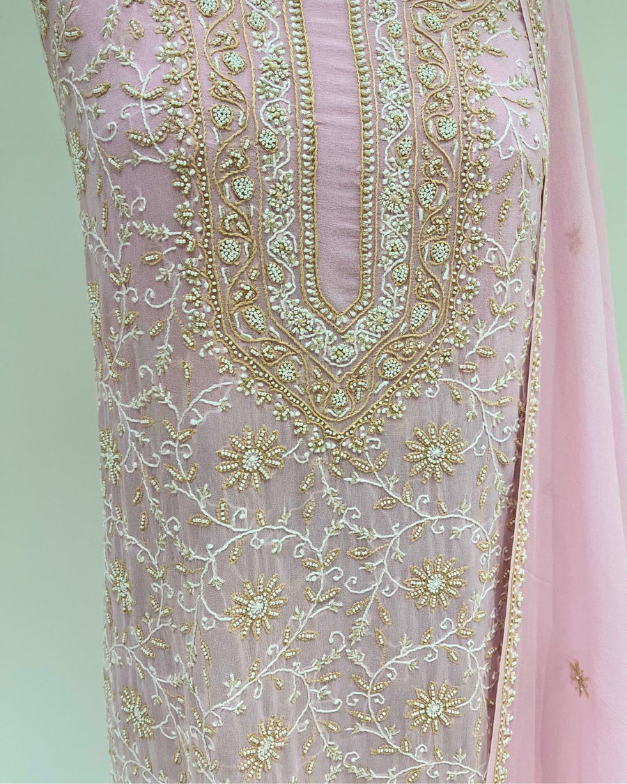 Pure Georgette Chikankari Unstitched 2pc Suit - Bubblegum Pink