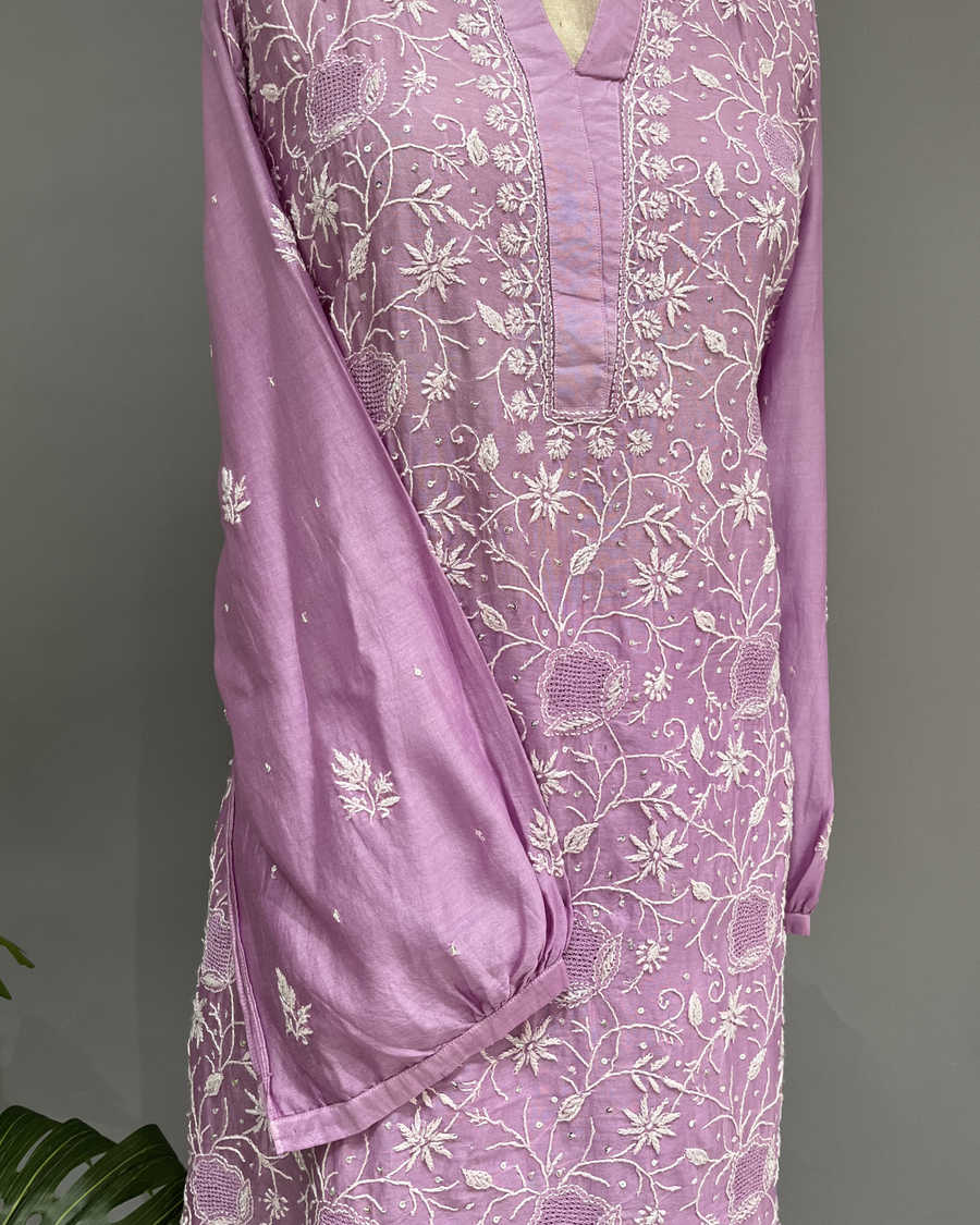 Chanderi Chikankari Co ord Set - Lilac