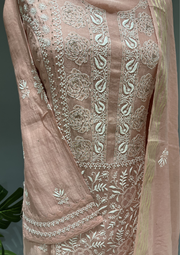 Chikankari Mul Unstitched Kurta And Dupatta Set  - Rose Pink