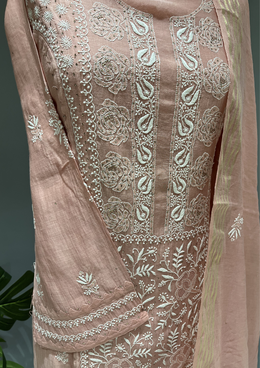 Chikankari Mul Unstitched Kurta And Dupatta Set  - Rose Pink