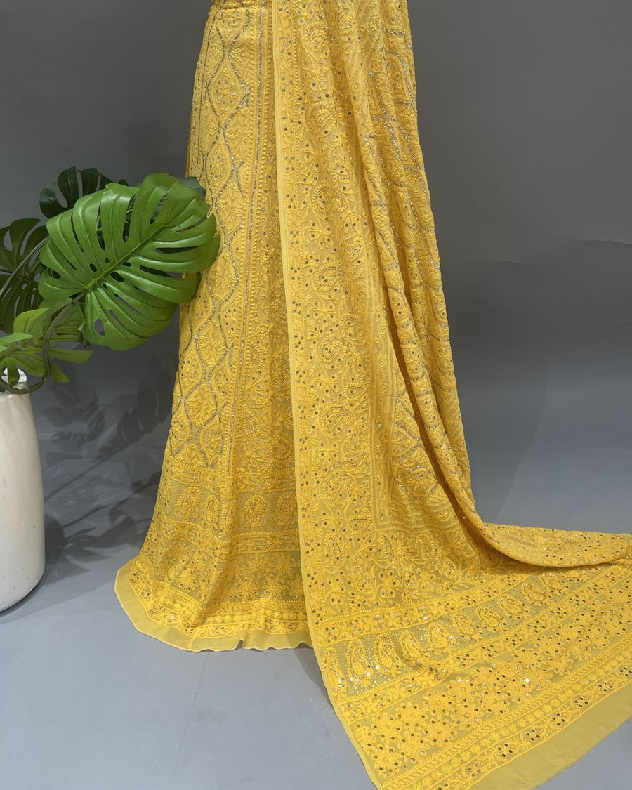 Viscose Chikankari Unstich Lehenga - Sunflower Yellow