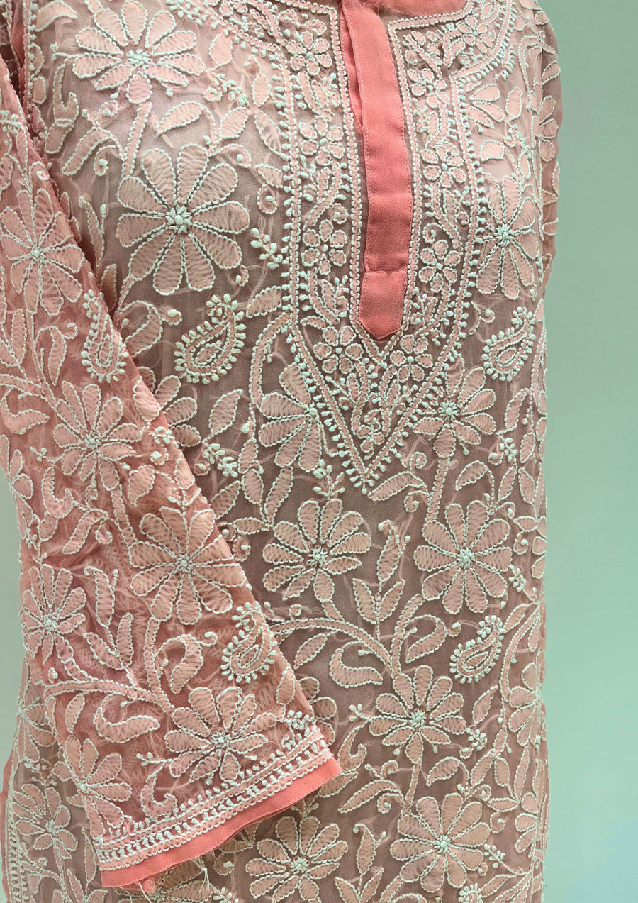 Georgette Chikankari Long Kurti - Peach Fuzz