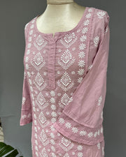 Mul Cotton Chikankari Long Kurti - Rose Pink