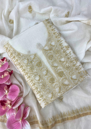 Chikankari Mul Chanderi Unstitched 2Pc Suit - White and Beige