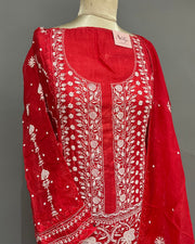 Organza Chikankari Unstitch 2pc Suit - Blood Red