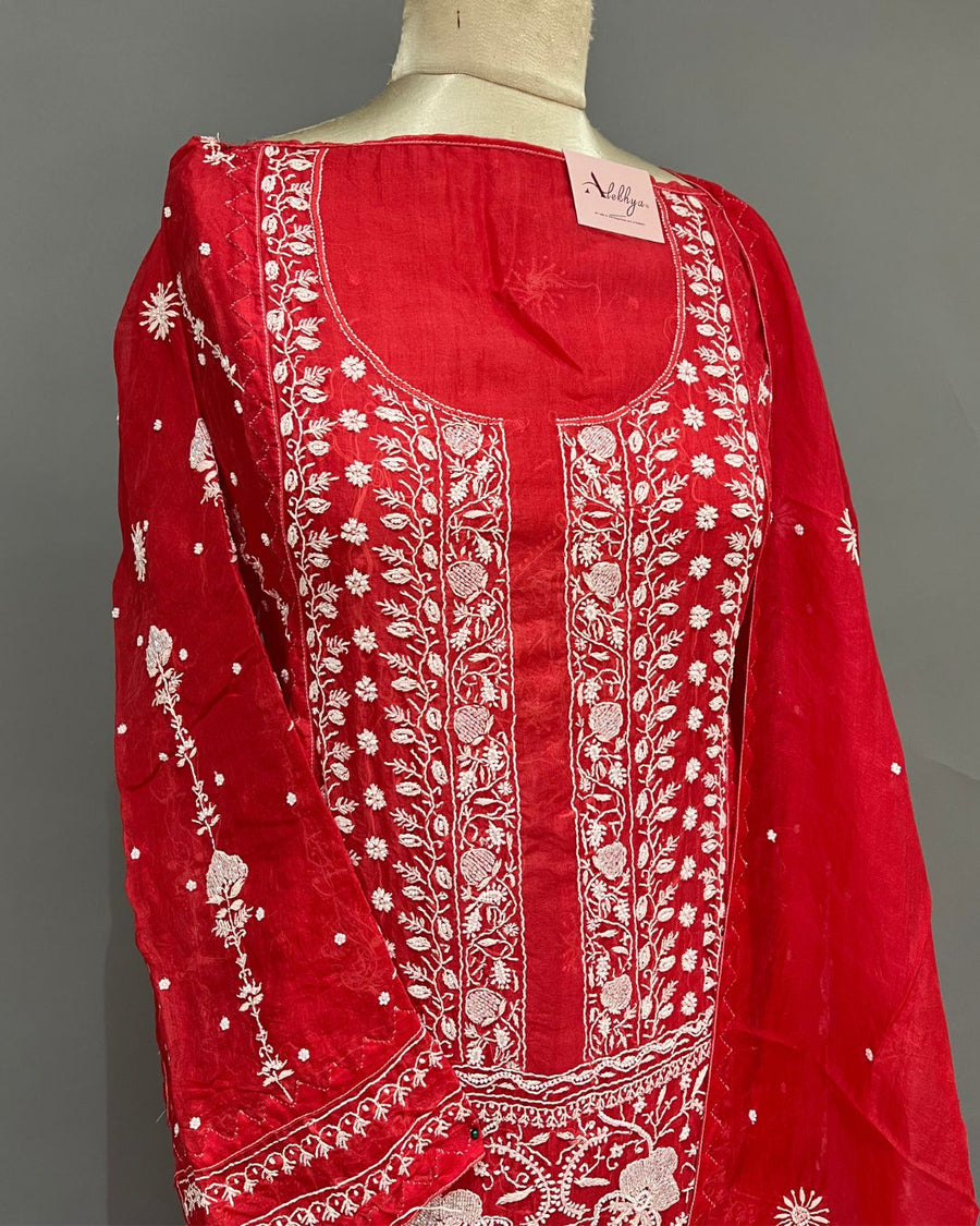 Organza Chikankari Unstitch 2pc Suit - Blood Red