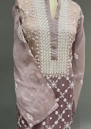 Organza Chikankari Semistitch Co-ord Set - Burgundy