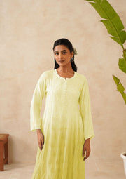 Muslin Chikankari Long Kurti - Ombre Lime Green