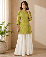 Chanderi Chikankari Short Kurti - Avocado Green
