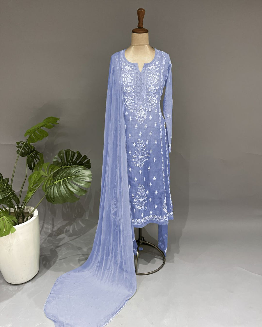 Mul Chander Chikankari 3 pc Suit - Capri Blue Ombre