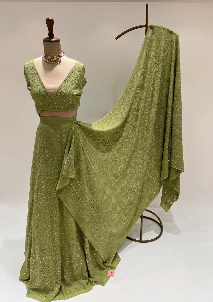 Pure Georgette Chikankari Unstitched Lehenga - Olive Green