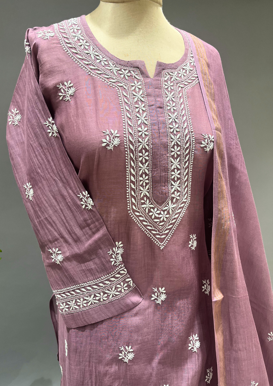 Chikankari Mul Chanderi Sharara Set - Mellow Mauve