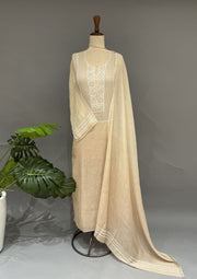 Mul Chanderi Chikankari Unstitch 2pc Suit - Beige Gold