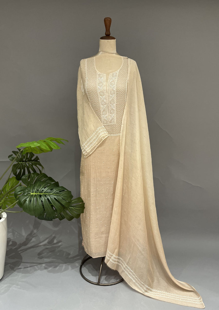 Mul Chanderi Chikankari Unstitch 2pc Suit - Beige Gold