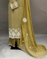 Mul Chanderi Chikankari Stitch 3pc Suit - Olive Green