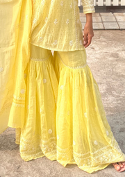 Mul Chanderi Chikankari Sharara - Bright Yellow