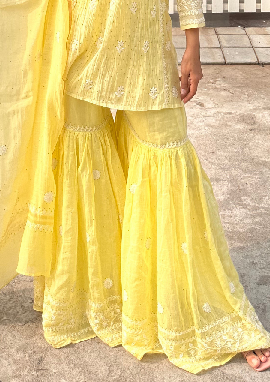 Mul Chanderi Chikankari Sharara - Bright Yellow