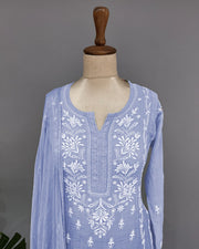 Mul Chander Chikankari 3 pc Suit - Capri Blue Ombre