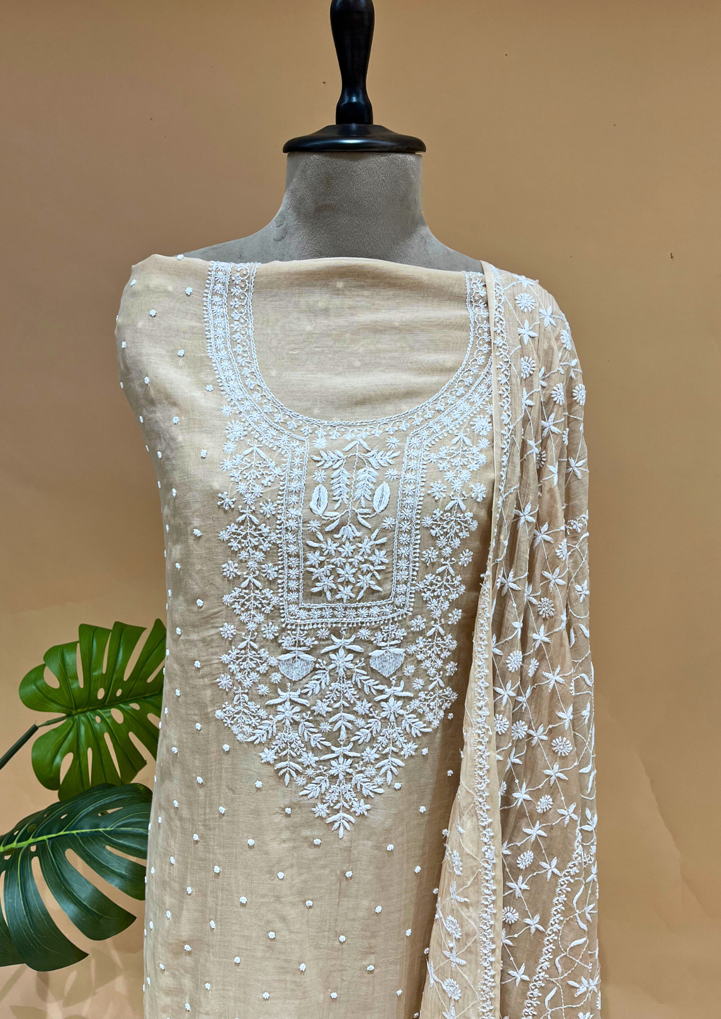 Chikankari Mul Chanderi Unstitched 2pc Suit - Peach Dust