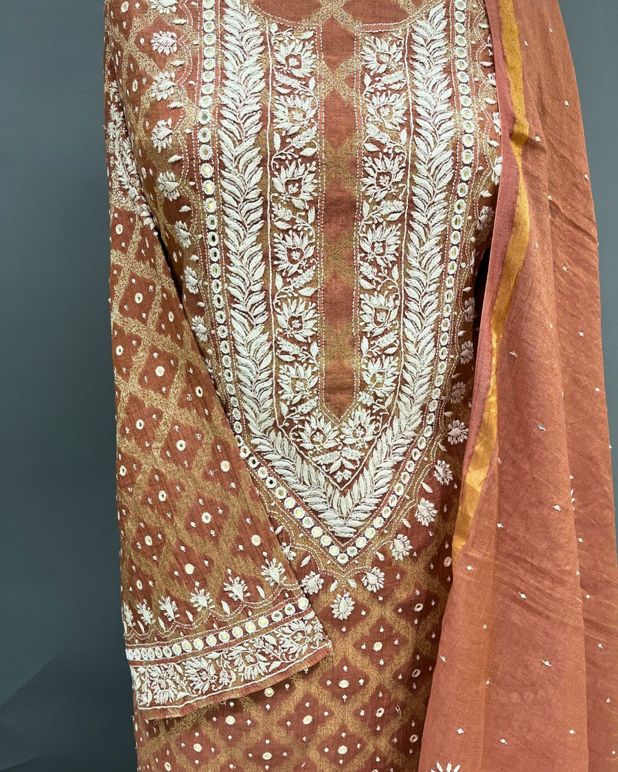 Tissue Chikankari Unstitch 2pc Suit - Orange Zest