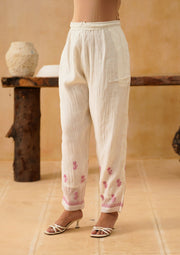 Chikankari Mul Chanderi Co-ord set - White and Pink