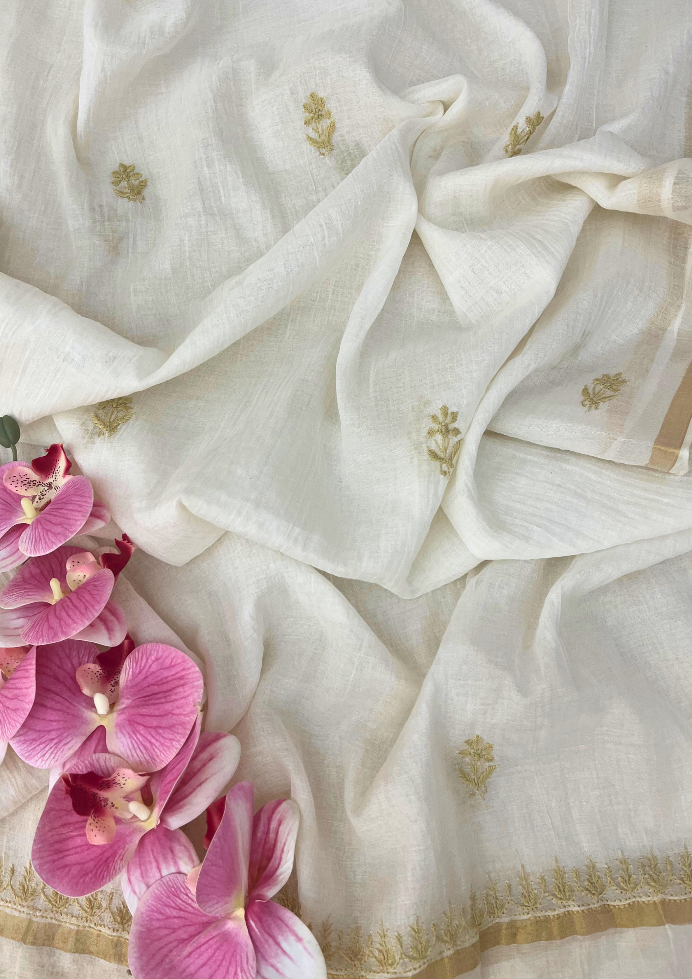 Chikankari Mul Chanderi Unstitched 2Pc Suit - White and Beige