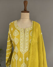 Mul Chanderi Chikankari Stitch 3 pc Suit - Orche Yellow