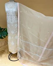 Organza Chikankari Unstitsched Kurta And Dupatta Set- Cream Latte