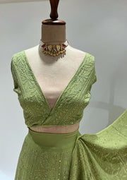 Pure Georgette Chikankari Unstitched Lehenga - Olive Green