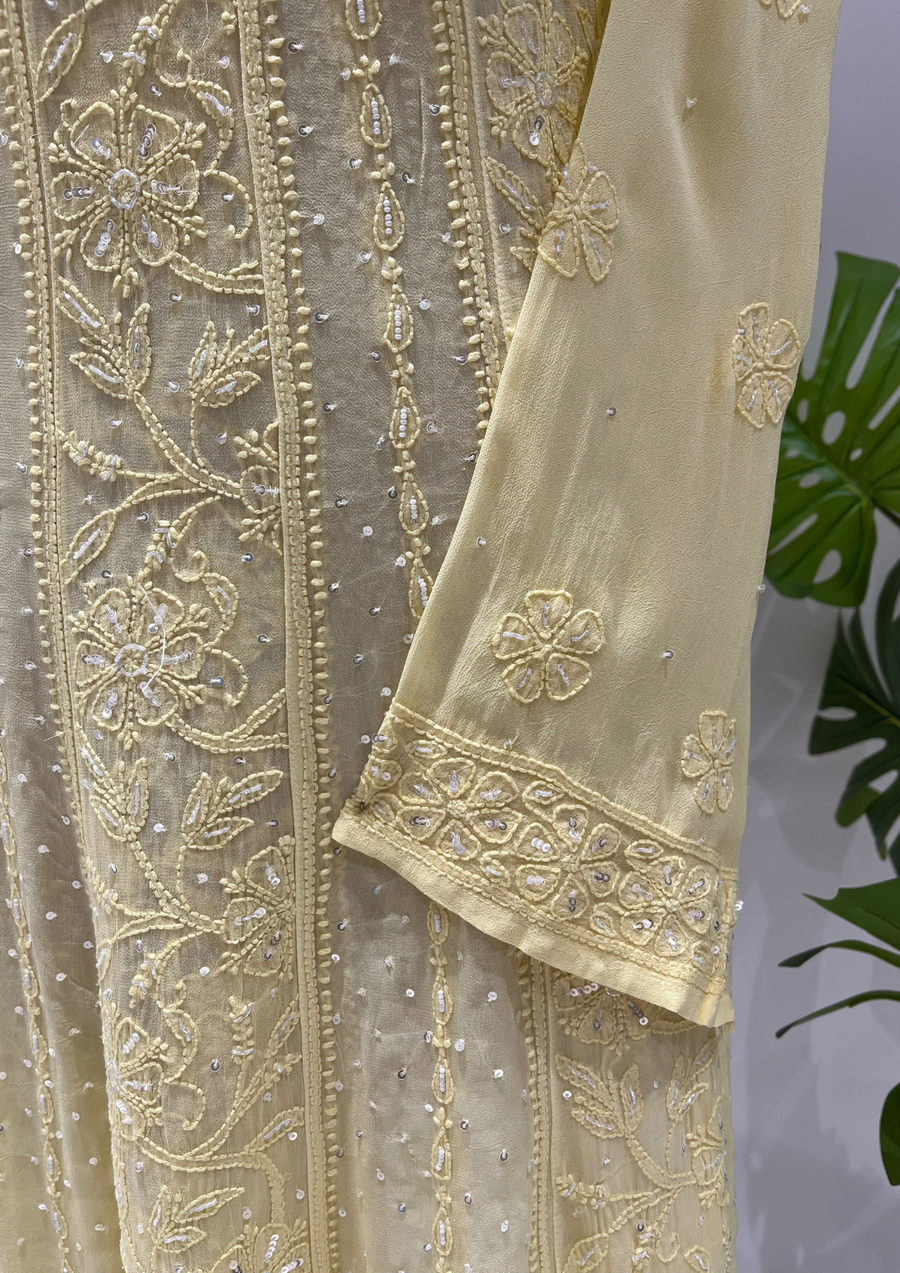 Viscose Chikankari Semistitched Anarkali - Sunshine Yellow